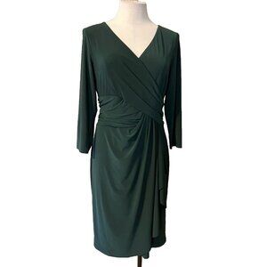 Chaps Dress L Large Green 3/4 Long Sleeve Sheath Ruffle Washable Career NEW